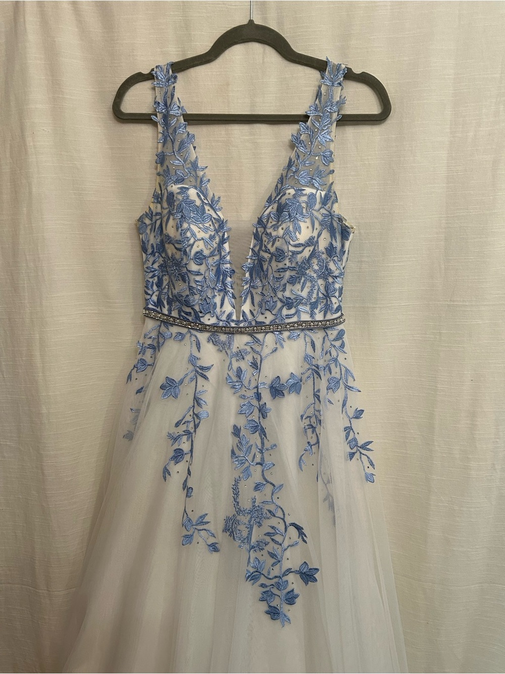 Say Yes to the Prom White Tulle Gown with Blue Floral Embroidery